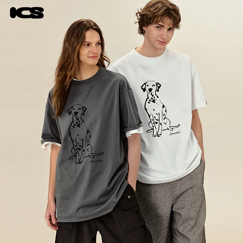 iconslab 简约线条黑白斑点狗字母印花短袖T恤宽松情侣圆领打底衫