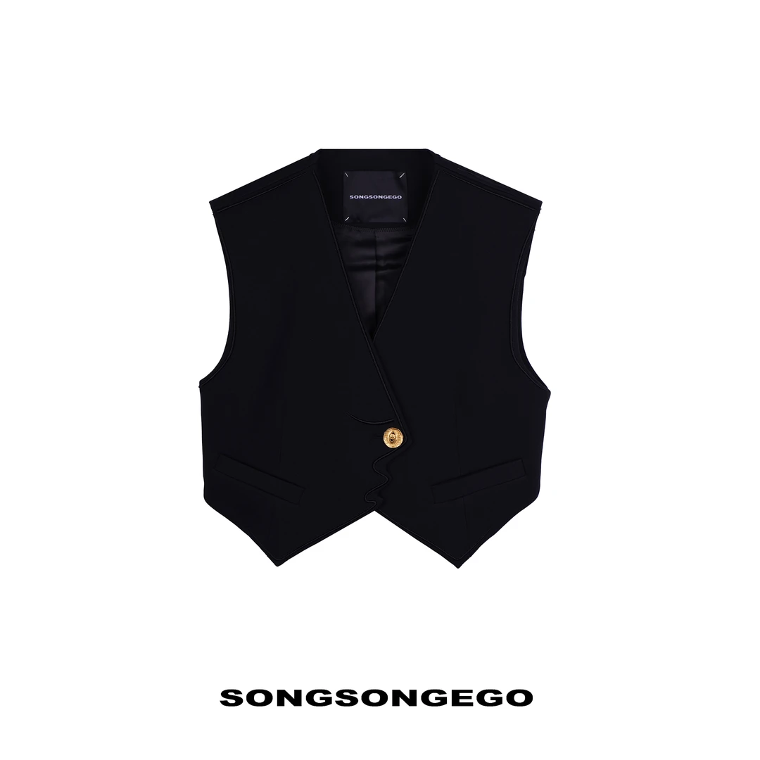 SONGSONGEGO独立原创设计师极简线条刺绣金扣V领马甲46005
