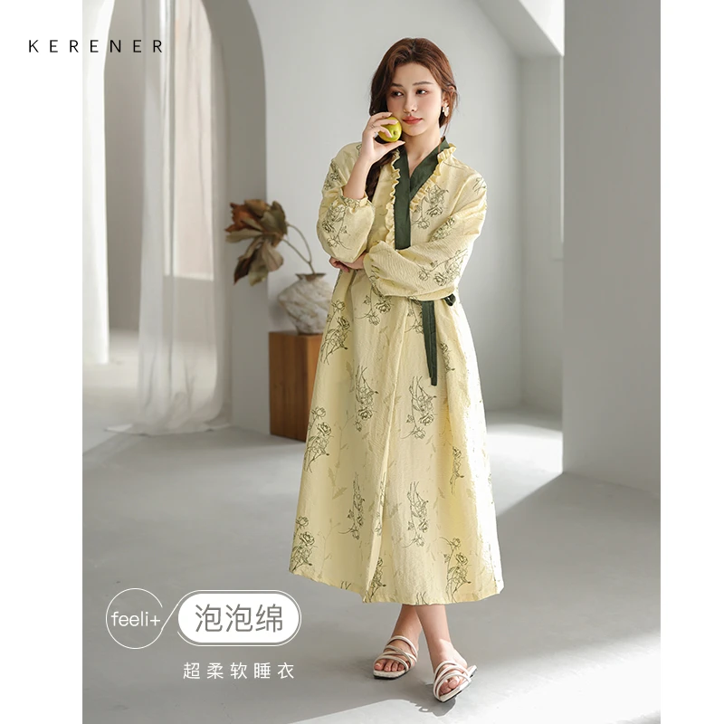 可人儿小众设计新款泡泡绵女士睡裙春秋长袖少女睡衣可外穿连衣裙