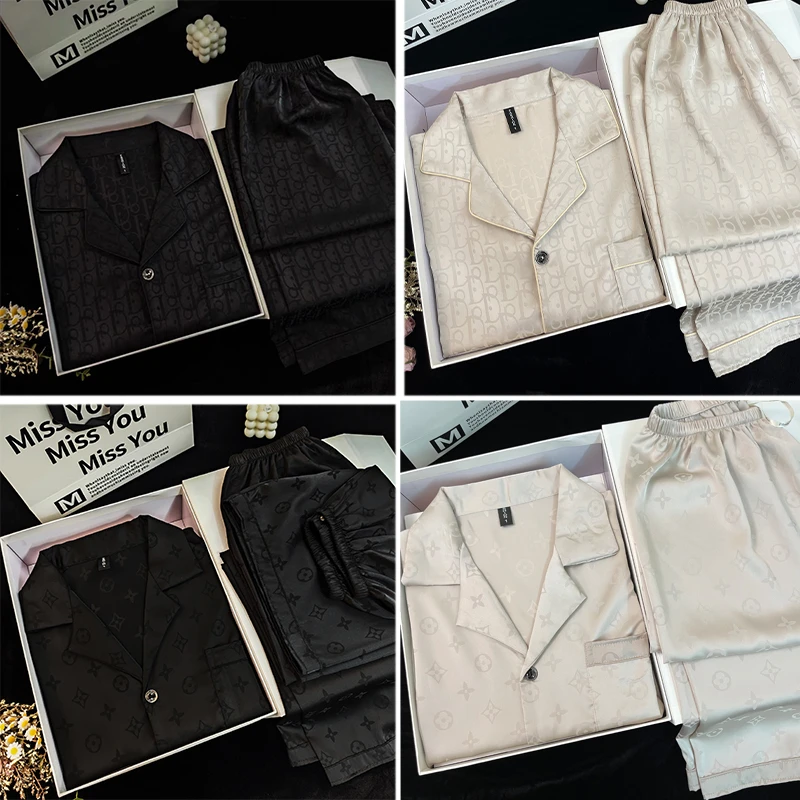【1号链接】夏季休闲情侣透气短袖睡衣家居服三件套时尚缎面冰雪丝