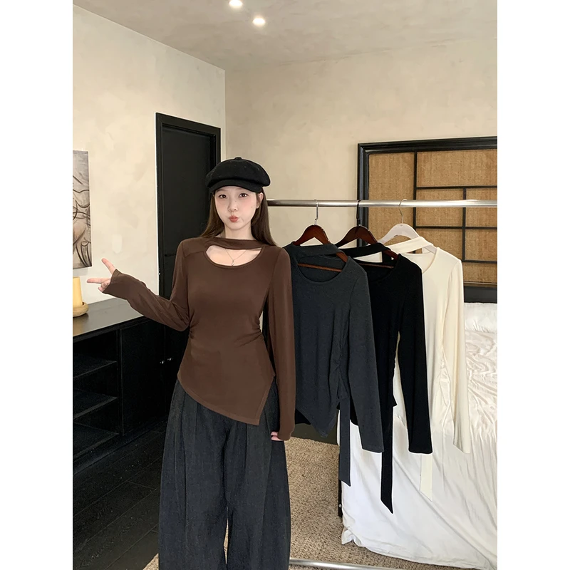 甜美纯欲风飘带不规则掐腰T恤长袖上衣潮2025秋装新款胖mm大码女