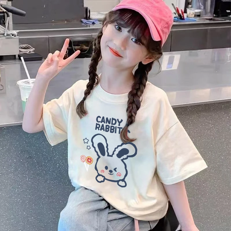 100%纯棉女童夏季短袖t恤2025新款女孩潮款中大童洋气儿童上衣