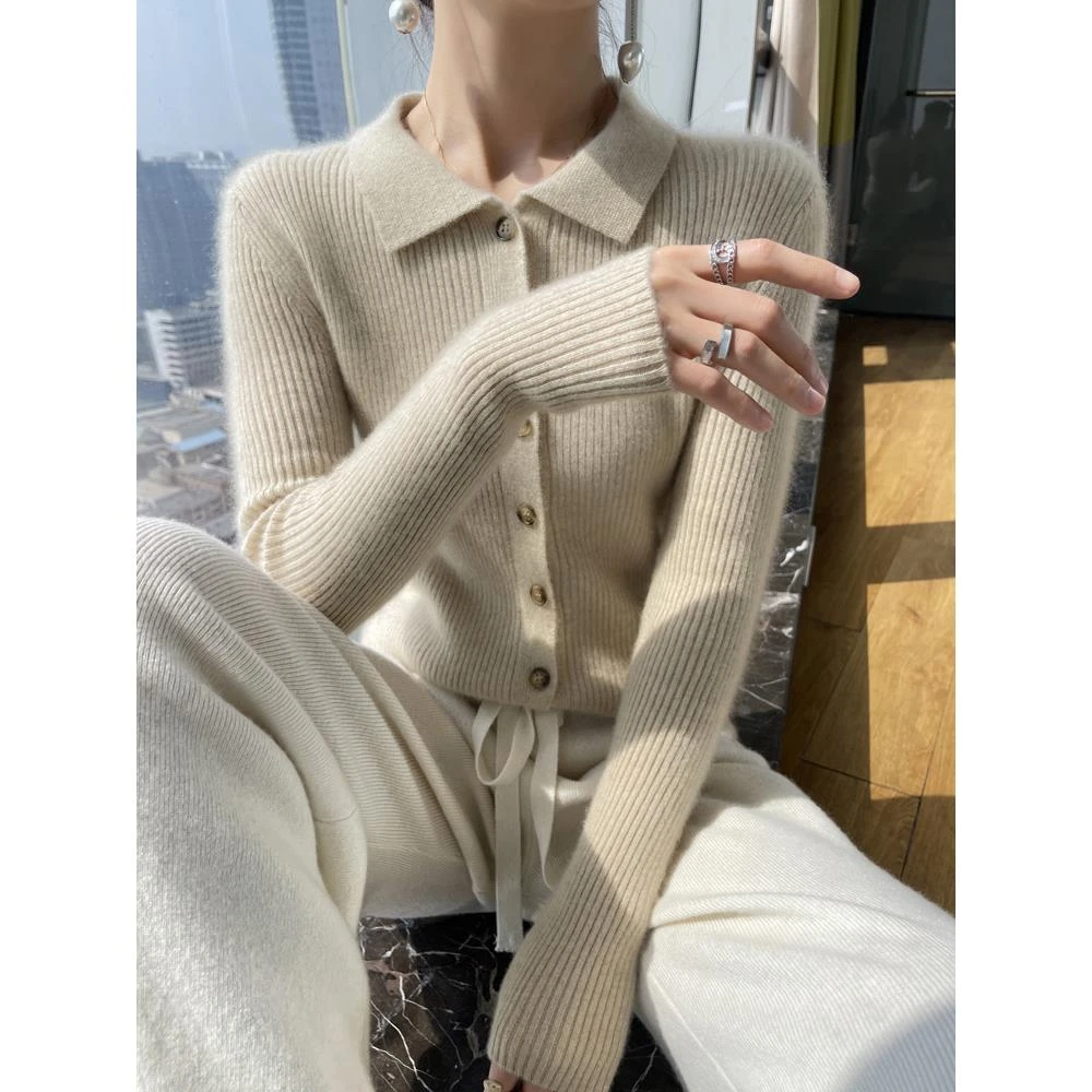 气质显瘦POLO领修身山羊绒开衫女毛衣秋冬坑条针织外套衬衣羊绒衫