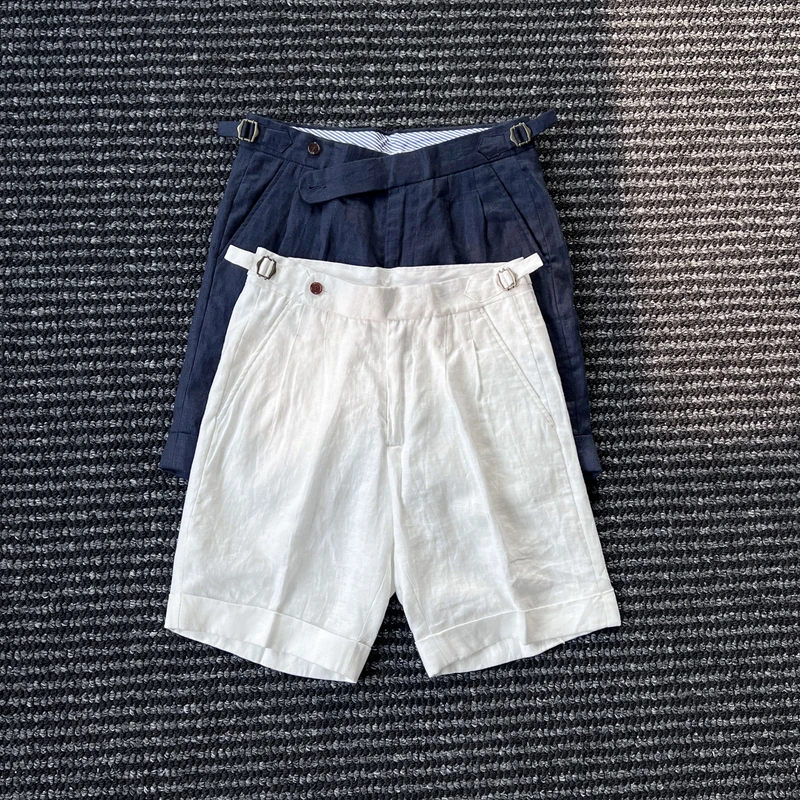 夏季高定那不勒斯100%亚麻高腰休闲短裤男时尚复古通勤亚麻短裤