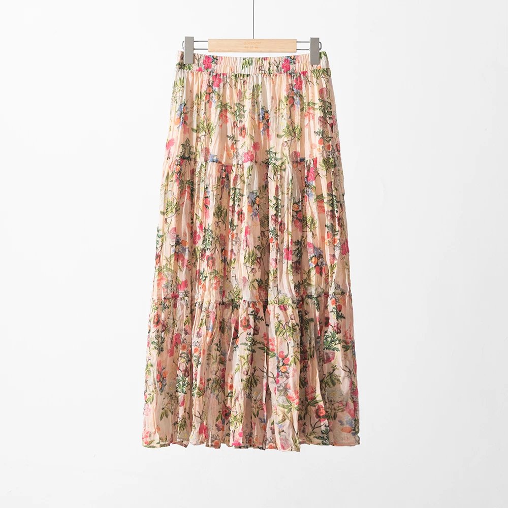 【设计师沈兰】5.24夏款时尚粉色玫瑰松紧腰气质款半身裙99190-1