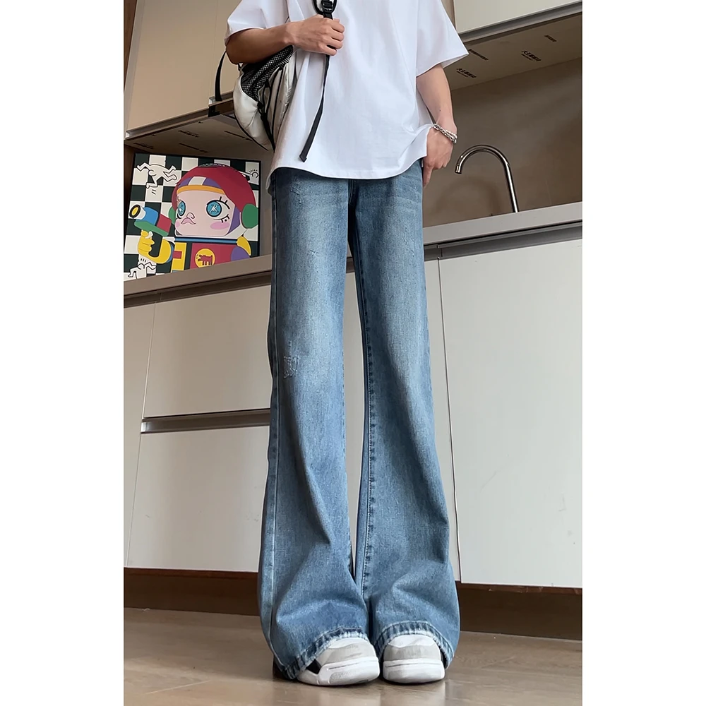 水洗复古蓝弯刀牛仔裤男款美式复古cleanfit微喇裤高腰提档直筒裤