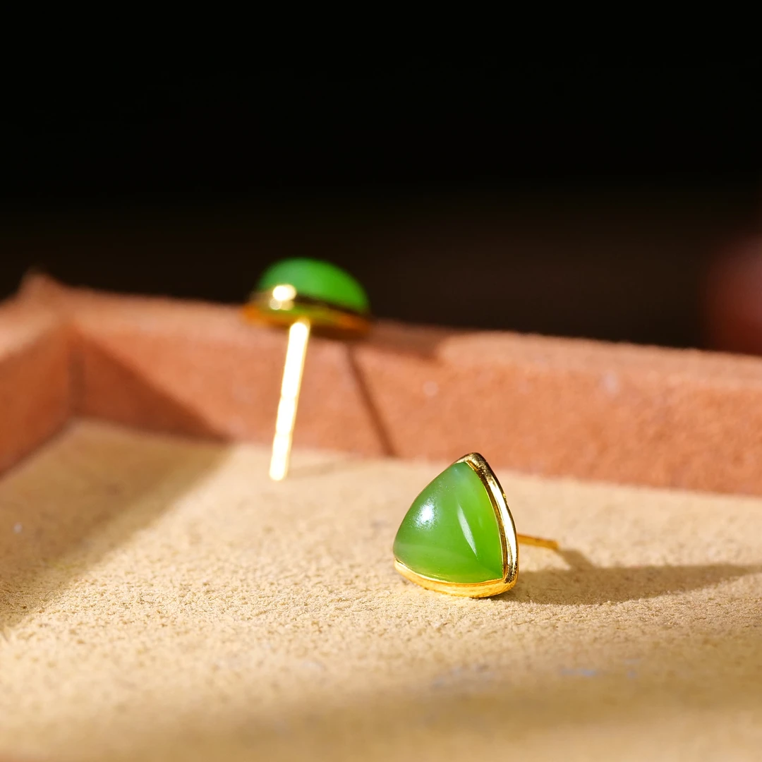 【石头序】18k金镶嵌和田玉碧玉耳钉 玉耳坠 金耳钉 多样性发一件