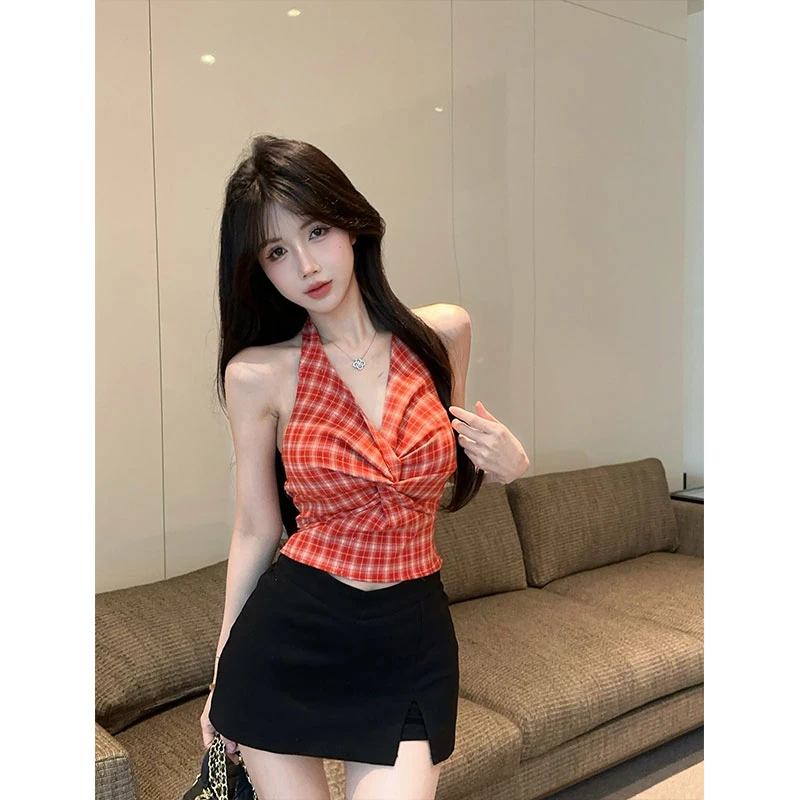辣妹扭结多巴胺细闪格纹V领挂脖背心甜辣小衫上衣女短款裙裤套装