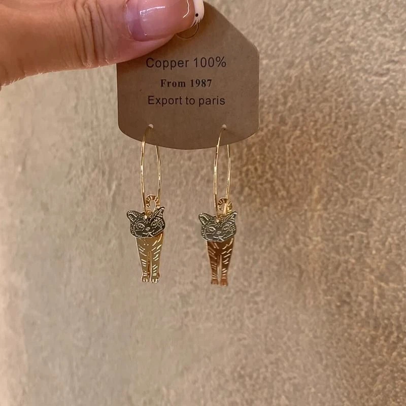 中古2025新款古埃及灵动做旧金猫咪吊坠耳圈复古圈圈时尚夸张耳环