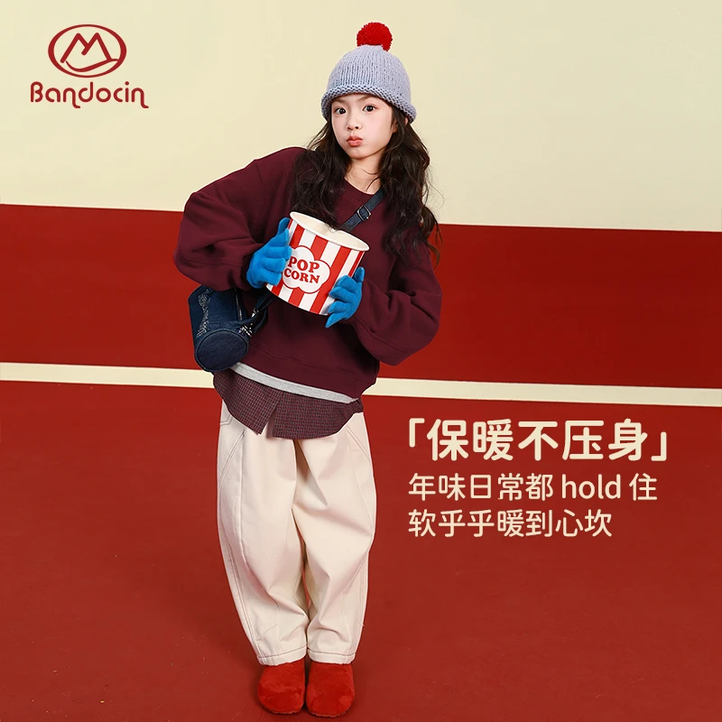 半度闲女童美式潮牌工装裤冬季新年装红色裤子纯棉保暖阔腿运动裤