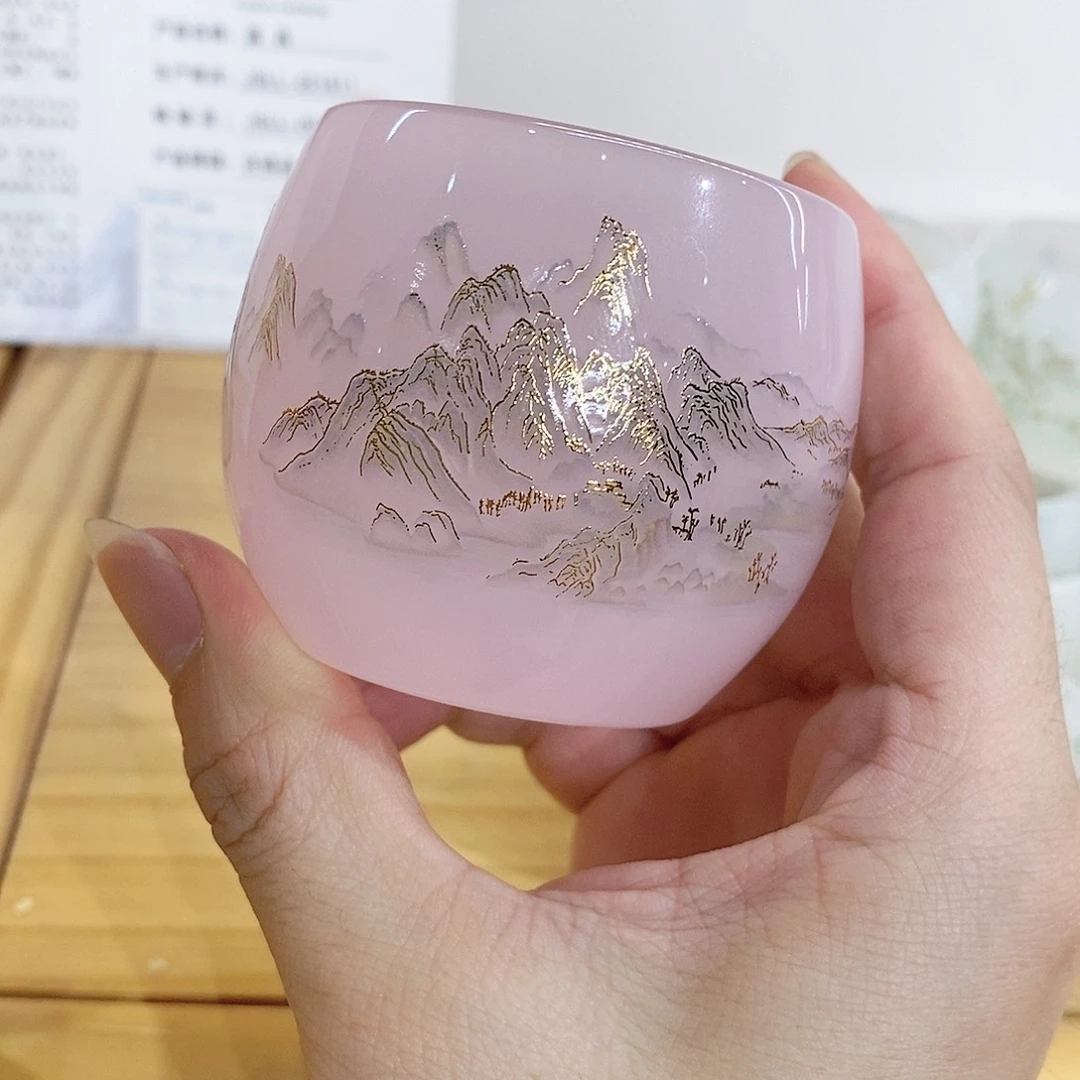 手工艺品琉璃粉红色千里江山主人杯