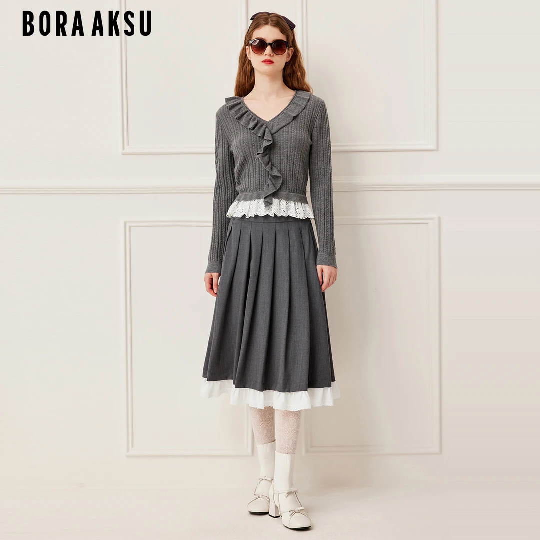 BORAAKSU2025秋季新品法式立体V领肌理感针织套头衫B1FGW03120