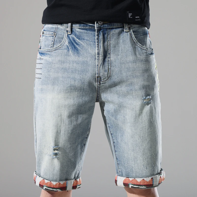 夏季薄款破洞牛仔短裤男宽松刺绣五分裤休闲舒适潮流中裤牛仔裤