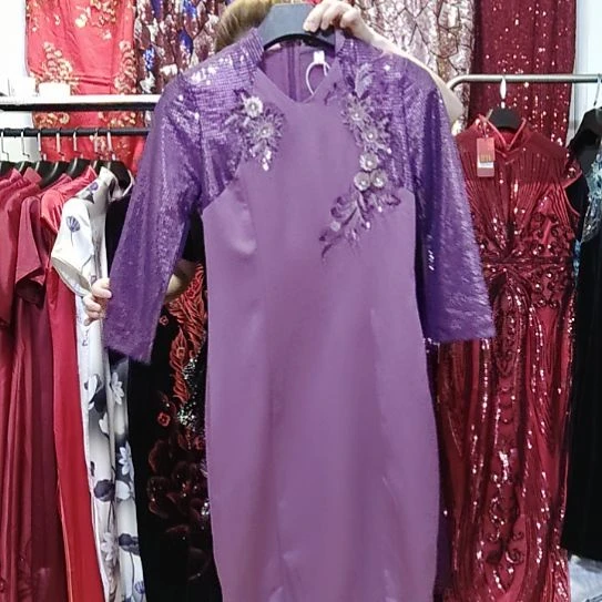 紫色v领中袖亮片拼接中长前开叉包臀裙xl码90-110斤内