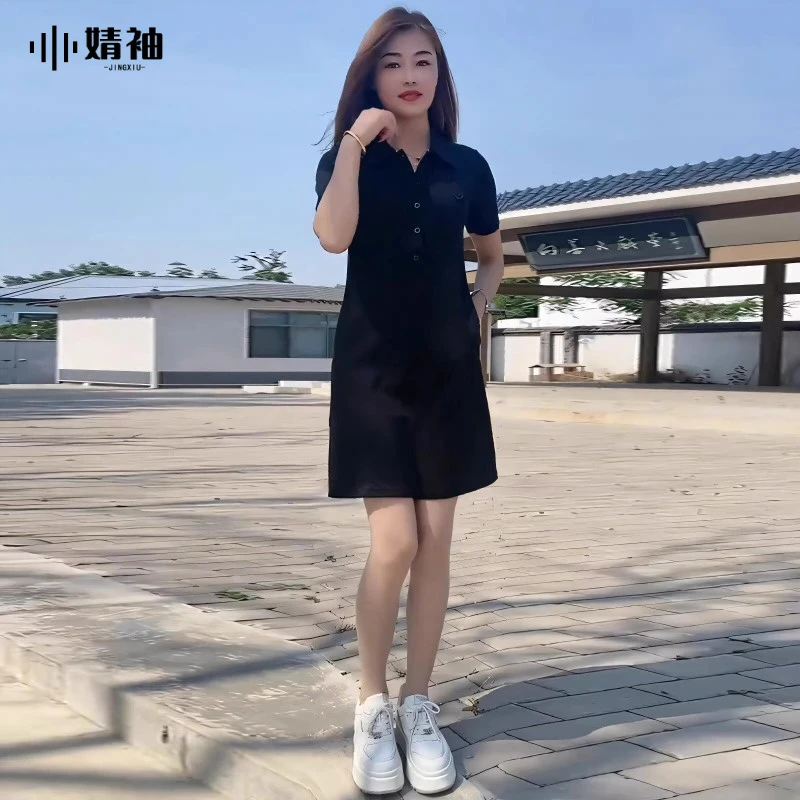 女士2024夏季新款宽松显瘦大码遮肚休闲T恤式Polo领短袖连衣裙