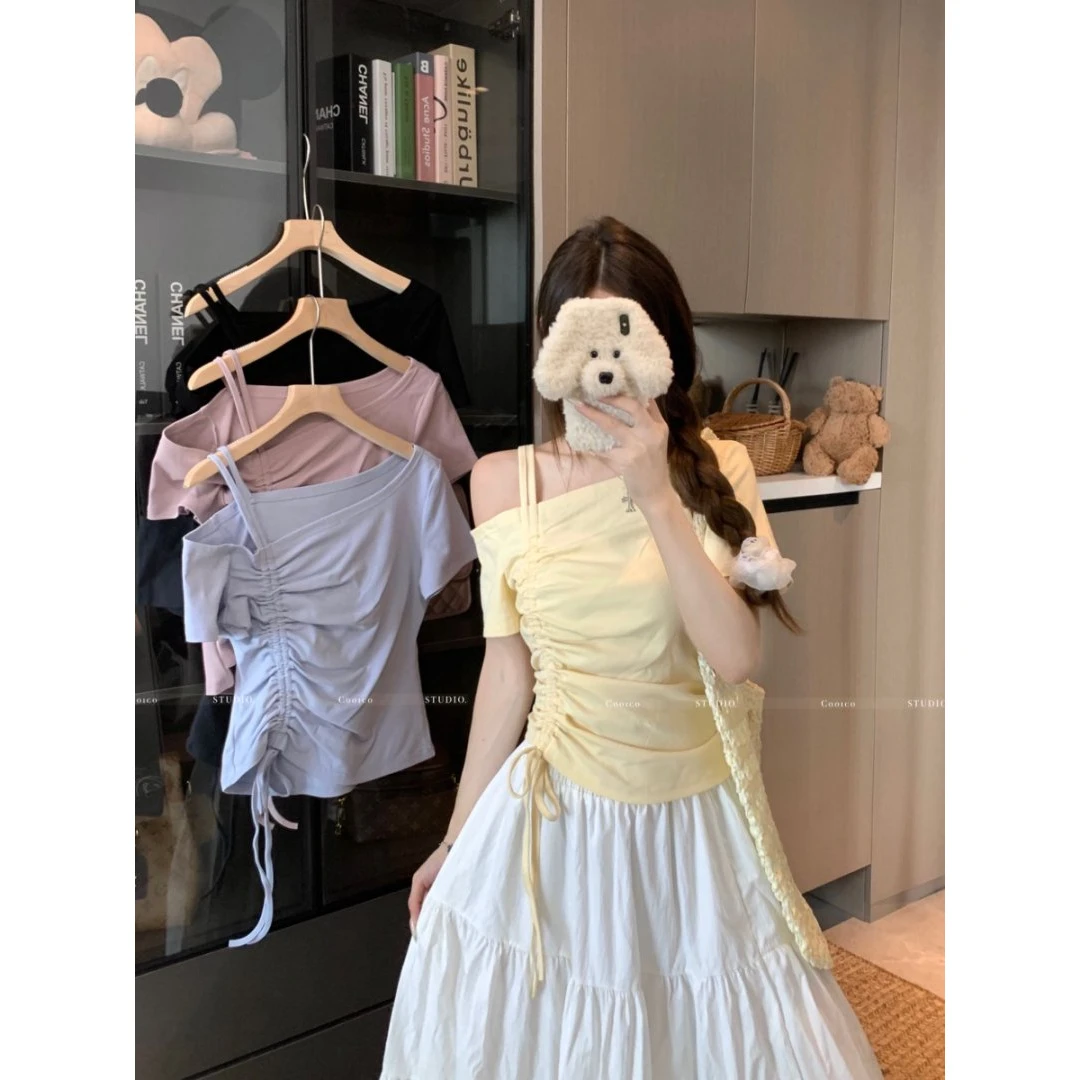 【佳佳】一字肩抽绳绑带T恤大码设计感不规则甜辣风别致短袖上衣