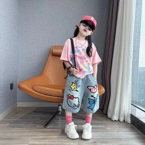 女童夏季时髦洋气涂鸦牛仔七分裤中大童女孩宽松韩版宽松短袖T恤