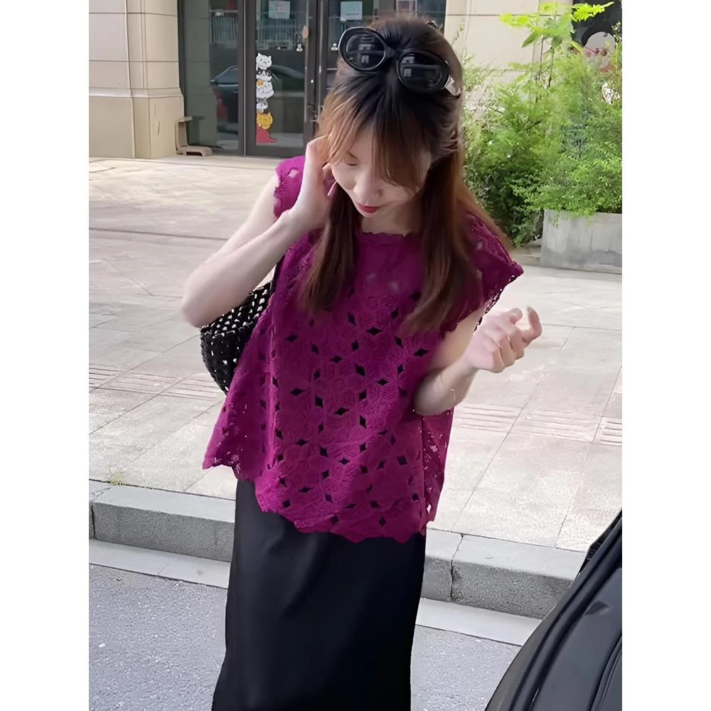 设计感钩花镂空无袖背心蕾丝衫女2025新款夏季宽松小个子洋气上衣