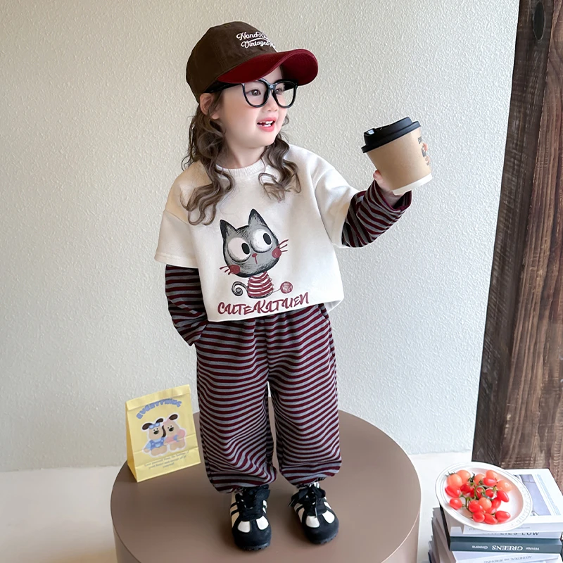 女童假两件套卫衣套装2025春秋装女宝宝休闲条纹两件套小童韩版潮