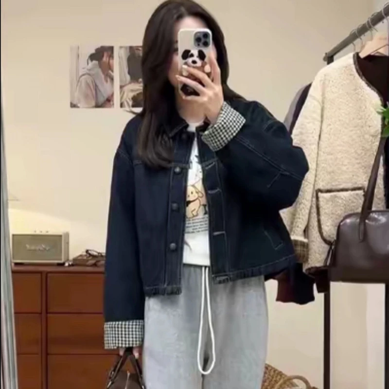 不褪色牛仔2025秋季新款拼接爆款加厚牛仔短外套女装洋气宽松上衣