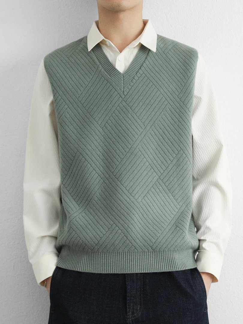 2025秋冬新款假两件男士毛衣时尚潮流帅气衬衫领菱形提花打底针织