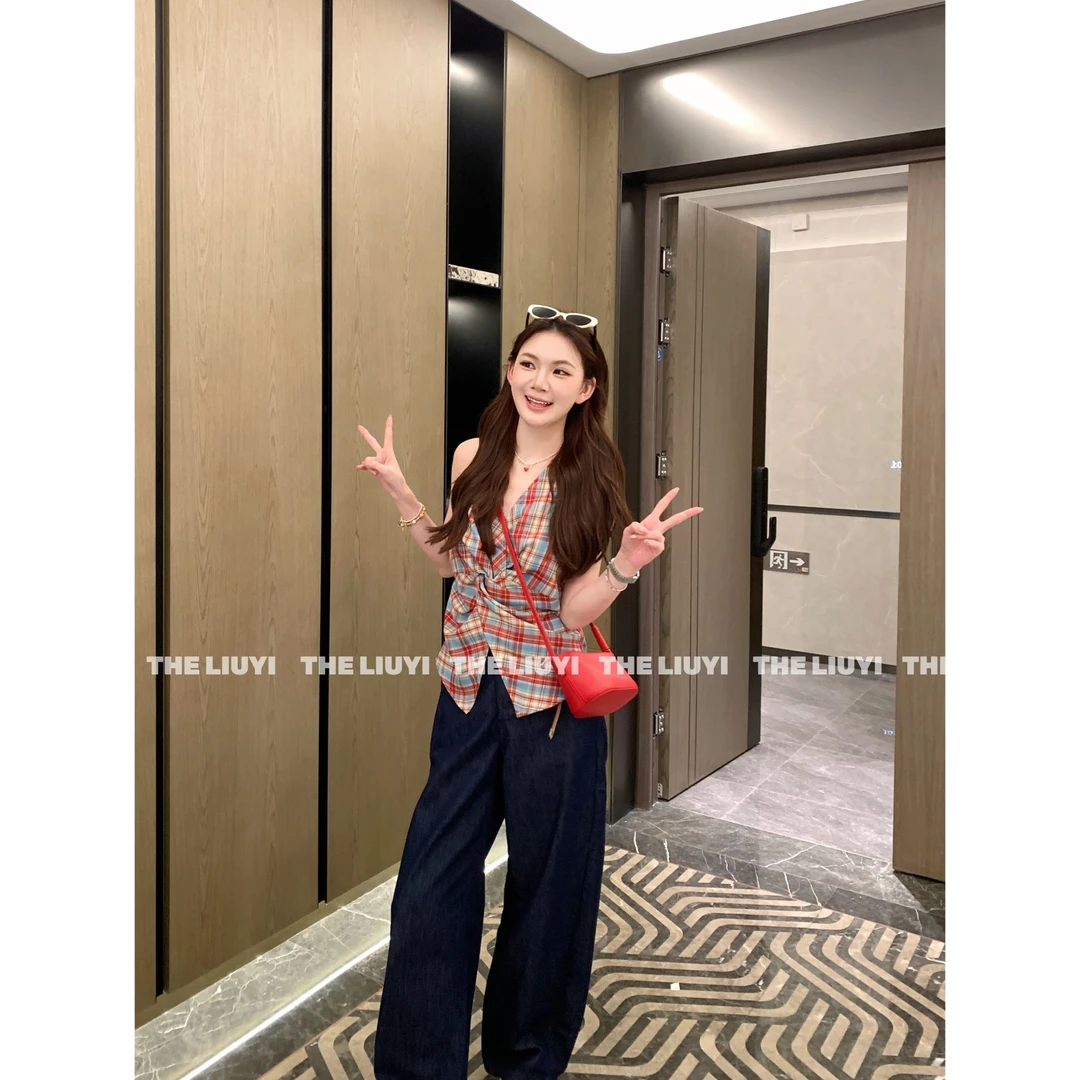 【LIUYI】普罗旺斯~夏季撞色挂脖纽结无袖上衣54229