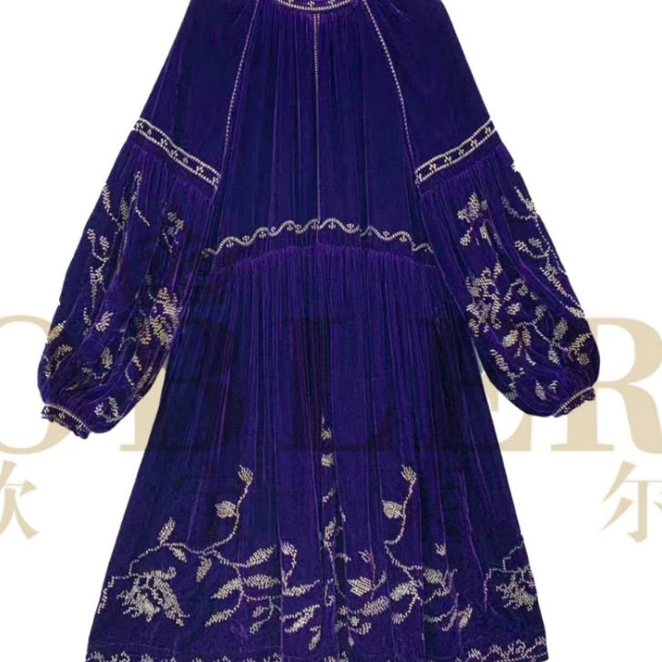 欧宝莱尔法式风立体刺绣丝绒连衣裙冬季紫色长袖短款305-24965