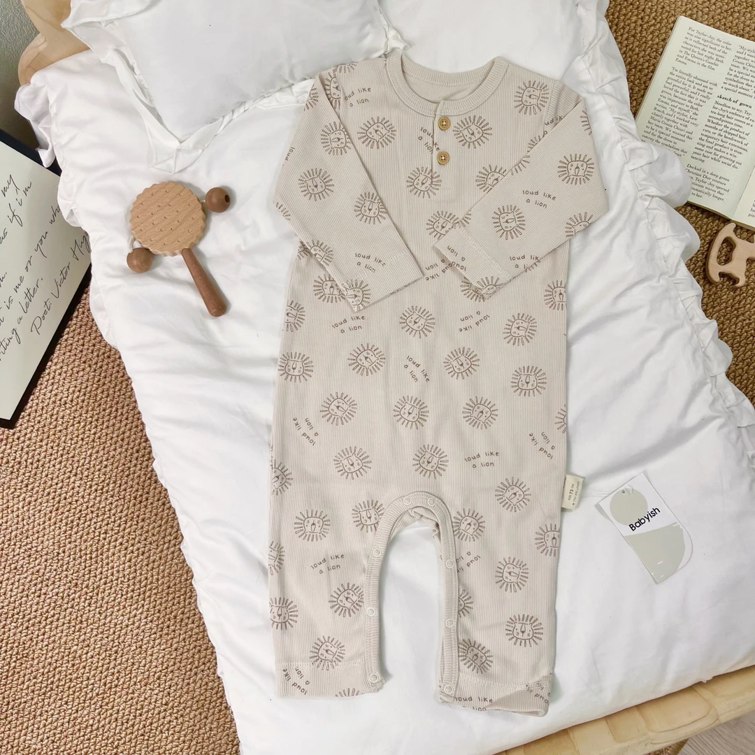 Mar家狮子精梳棉A类婴儿家居服爬服哈衣套装哈衣男女宝宝针织坑条