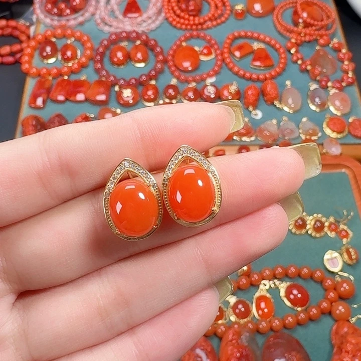 南红玛瑙银S925镶嵌耳饰