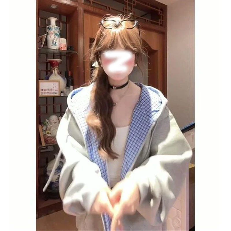 美式复古撞色格纹刺绣连帽卫衣女秋冬开衫外套宽松学院风情侣上衣