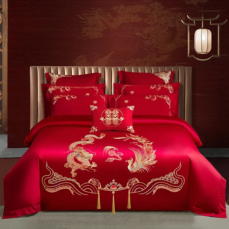 高档100全棉A类高密度纯棉刺绣花婚庆四件套大红结婚喜庆被套床品