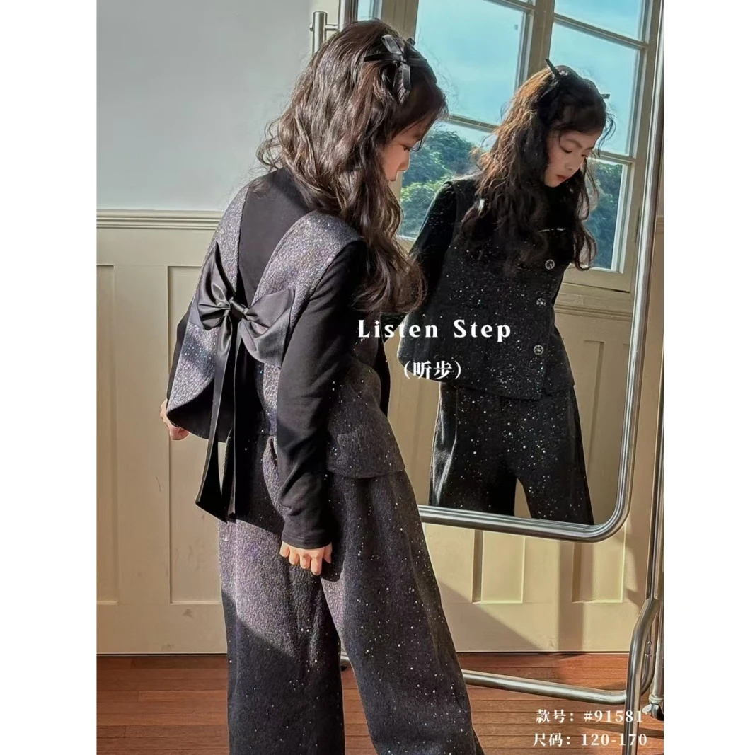 【年货！春款】韩版女中大儿童春季甜美长袖打底衫马甲阔腿裤3件套装