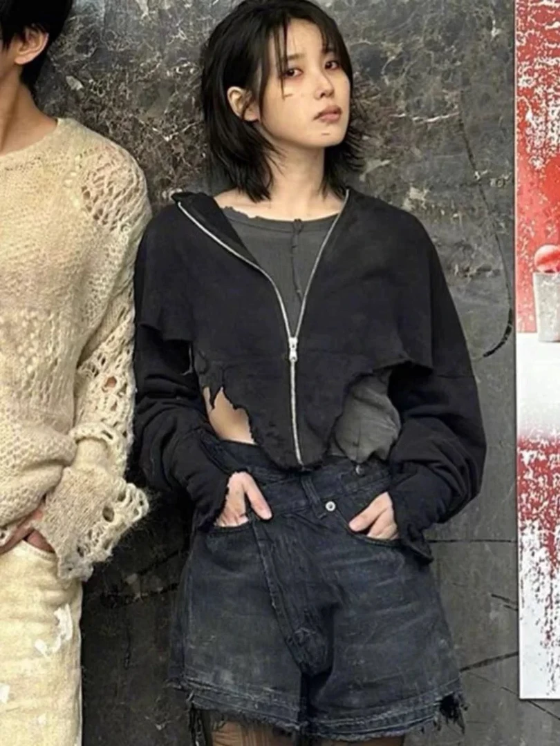 6016#春秋新款辣妹炸街纯色设计感连帽长袖短外套休闲百搭上衣