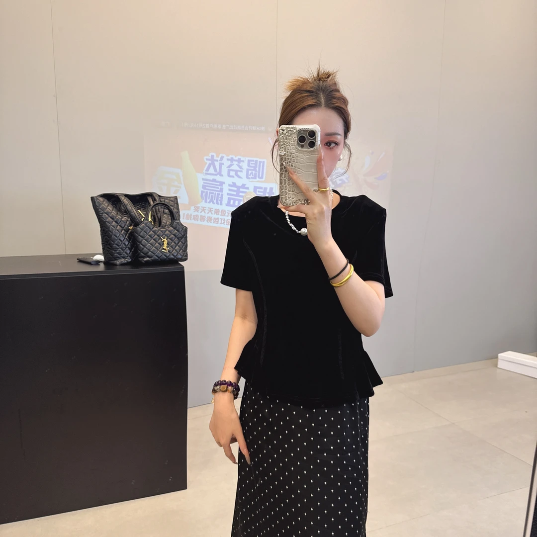 韩版东大门净面植绒时尚显瘦荷叶边短袖