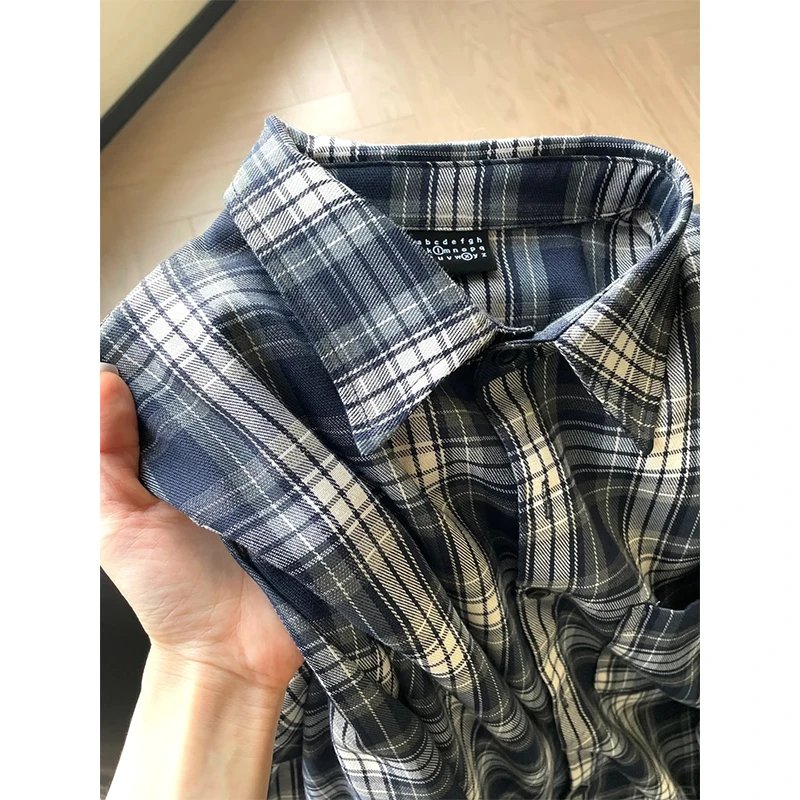 美式vintage复古藏青格子衬衫男女春秋季新款休闲长袖衬衣薄外套