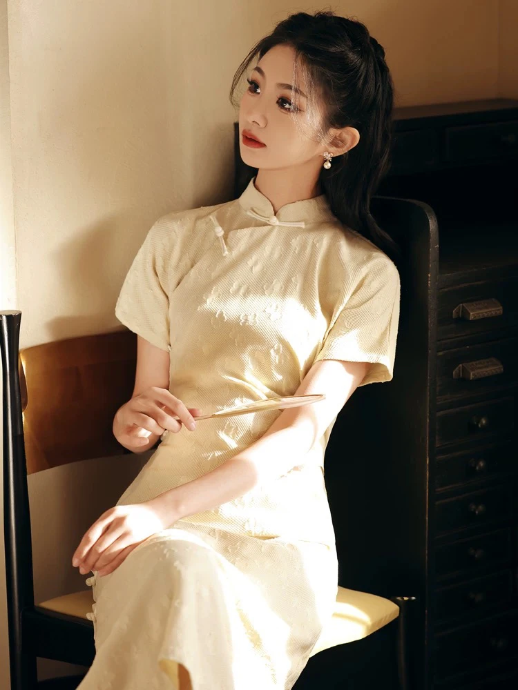 044【古法米色定制】网红素色短裙日常旗袍中式少女性感修身公主风