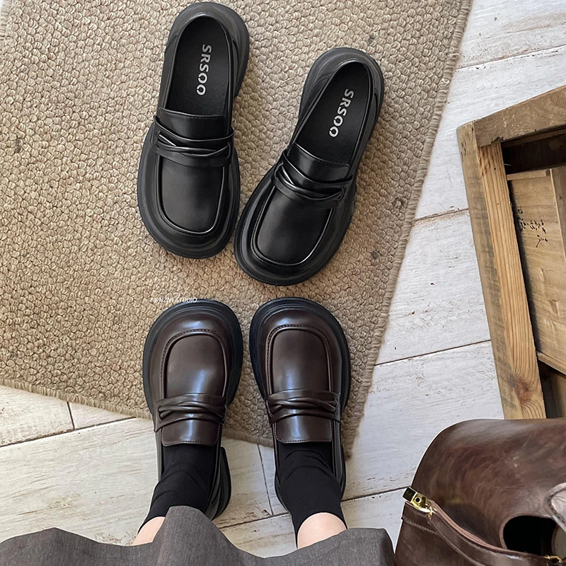 南花花黑色法式英伦风厚底小皮鞋女2025新款春冬季一脚蹬乐福鞋子