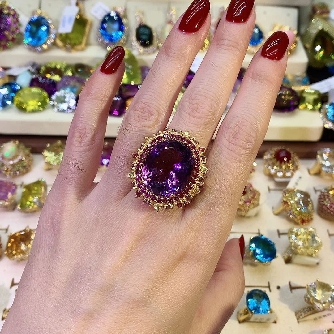 紫晶戒指银S925镀金镶嵌
