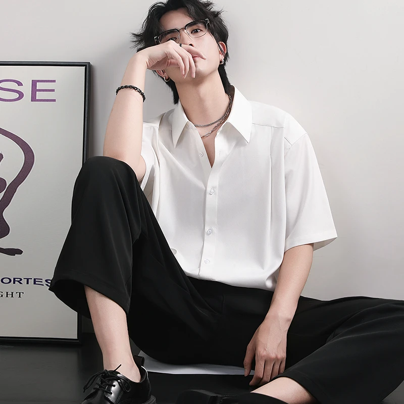 免烫短袖衬衫男夏季薄款抗皱休闲白色衬衣大码宽松高级感垂顺上衣