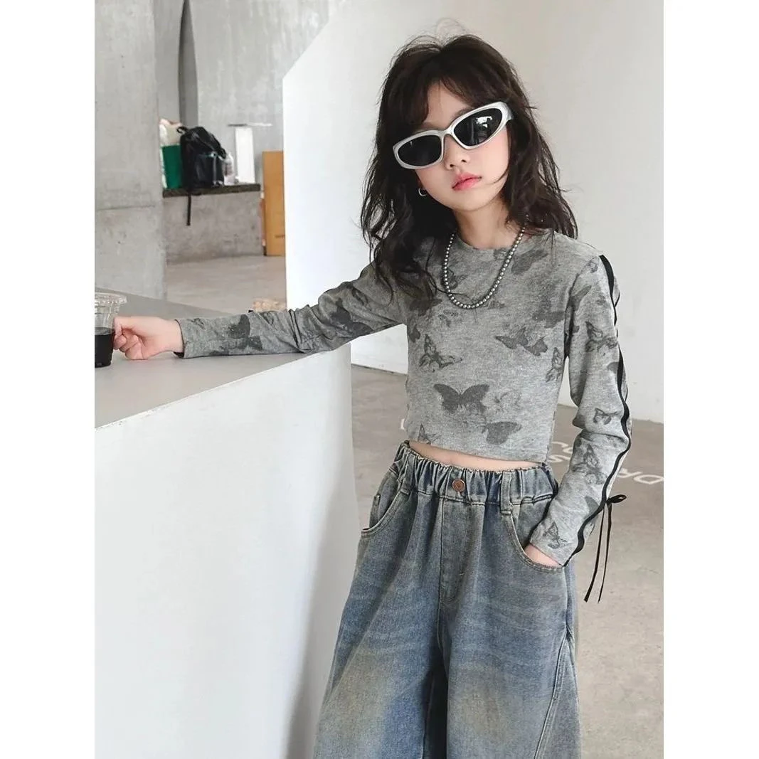 女大童印花T恤洋气2025春装新款儿童蝴蝶百搭上衣短款春秋打底衫