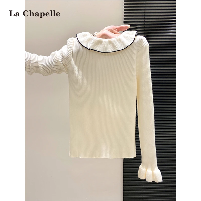 拉夏贝尔撞色荷叶边设计感韩系针织衫秋冬新款修身内搭打底衫上衣