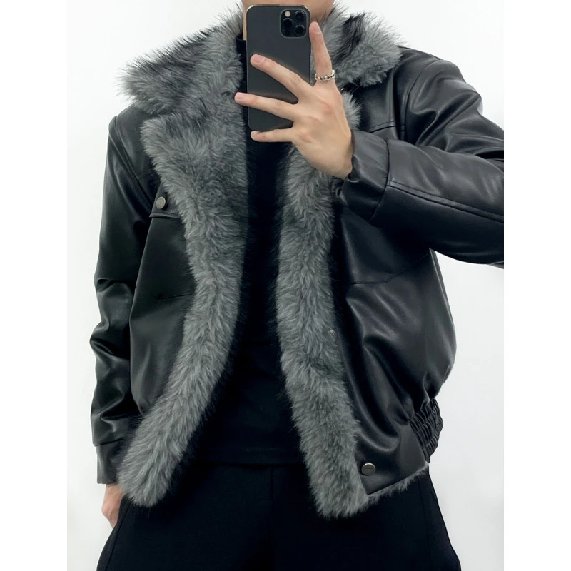 潮牌冬季新款复古高级感加绒保暖立领百搭双面穿短款皮夹克外套男