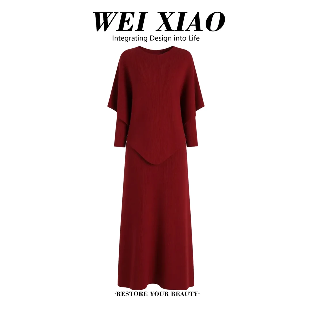 2025冬季新款超好看时尚慵懒不规则蝙蝠袖上衣女松紧腰半身裙套装