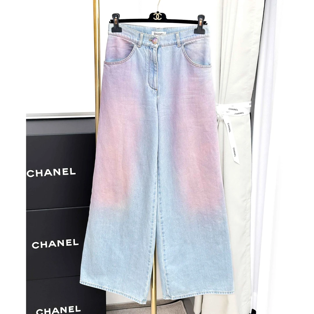 99新 Chanel/香奈儿 36码24C浅蓝水洗粉色渐变晕染牛仔裤