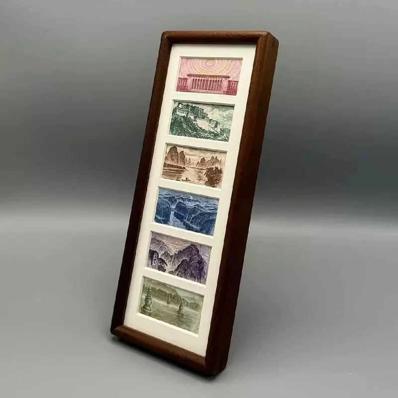 六连框黑胡桃相框增运多金画框摆台人民币装饰画简约轻奢立式摆台