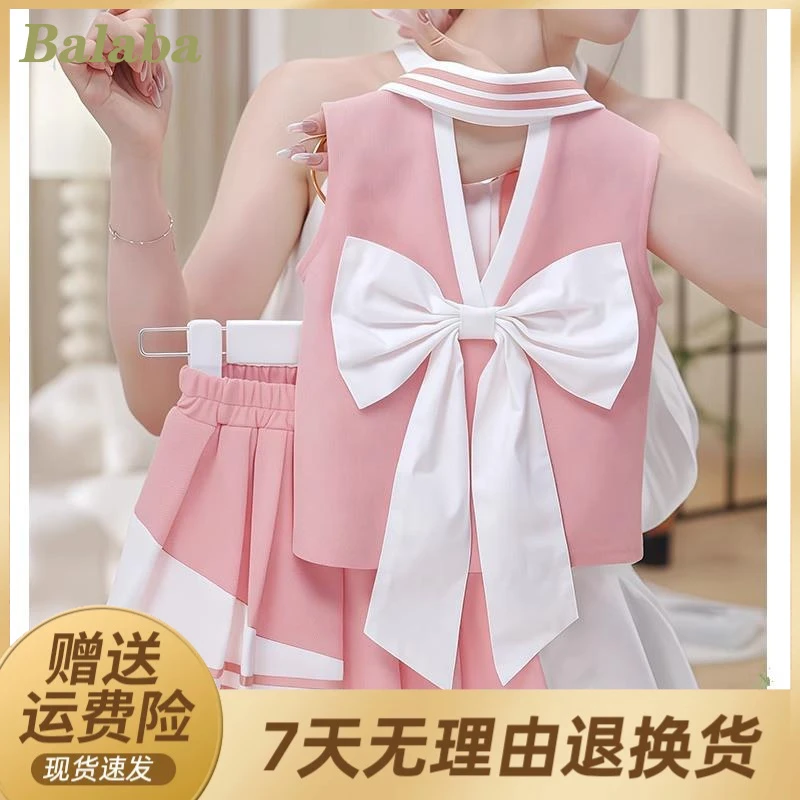 女童套装夏季新款洋气蝴蝶结无袖背心上衣百褶裙两件
