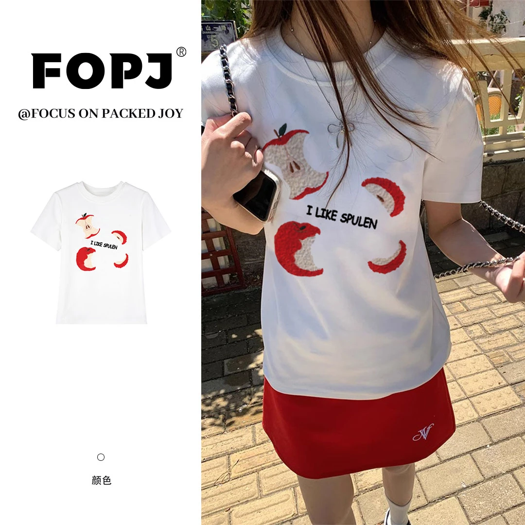 FOPJ复古百搭卡通苹果刺绣白色正肩短袖t恤女夏季修身显瘦上衣ins