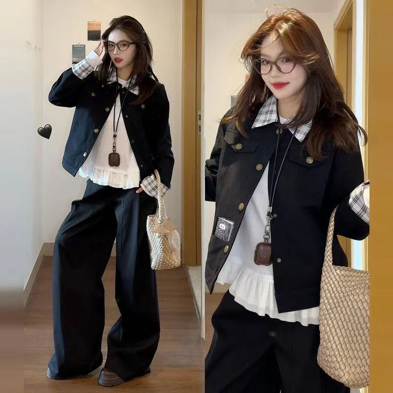 巨好看复古短款夹克外套女春秋季2025宽松韩系棒球服三件套套装