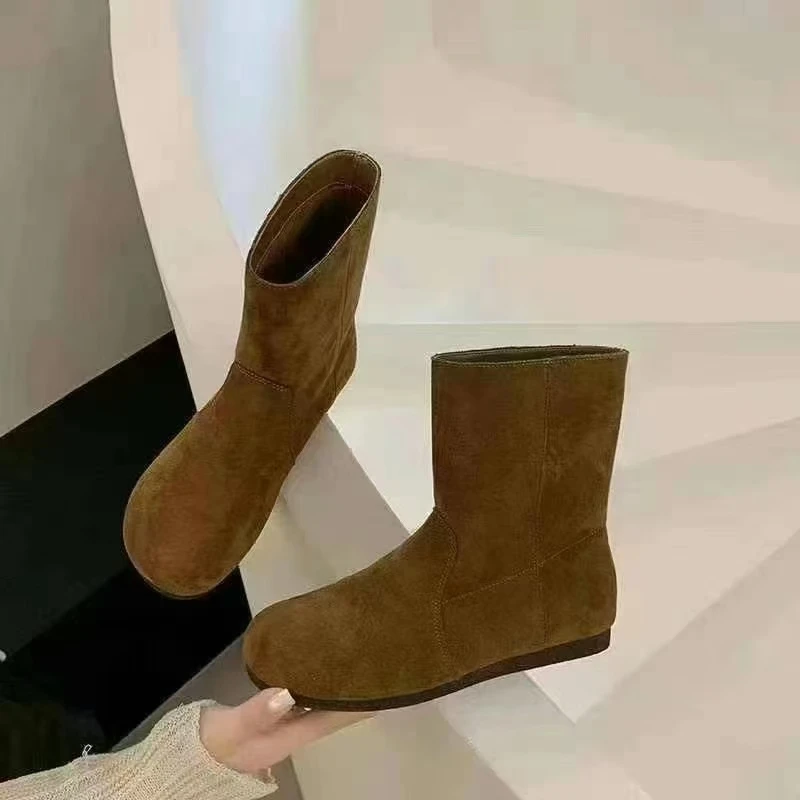 秋冬新款韩版通勤瘦瘦简约粗跟裸靴短靴809(绒面短靴加绒)