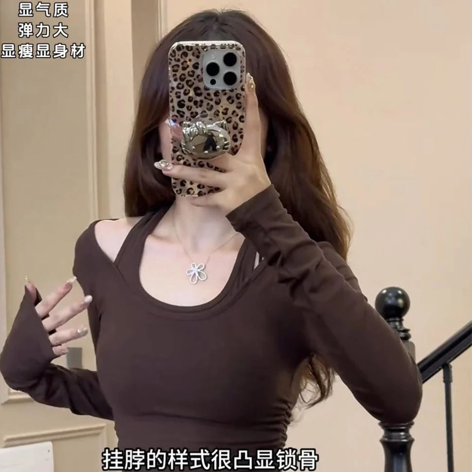 【8148】修身遮肉显瘦长袖正肩T恤女秋冬假两件挂脖打底辣妹上衣